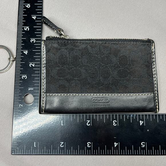 COACH Keychain Coin Purse Wallet Black Signature Jacquard & Leather Trim - Picture 10 of 12